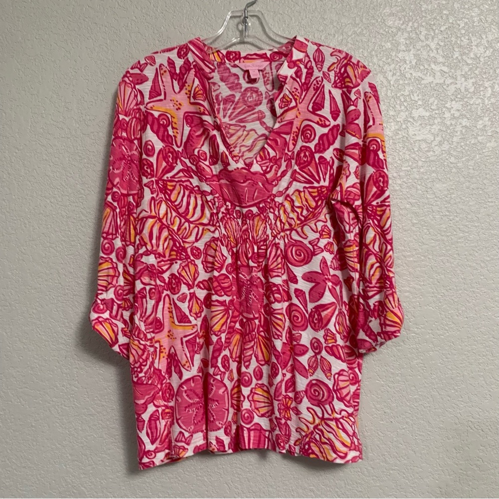 Lilly Pulitzer Tunic Tee Top Womens M Preppy Shell Beach Print Pink